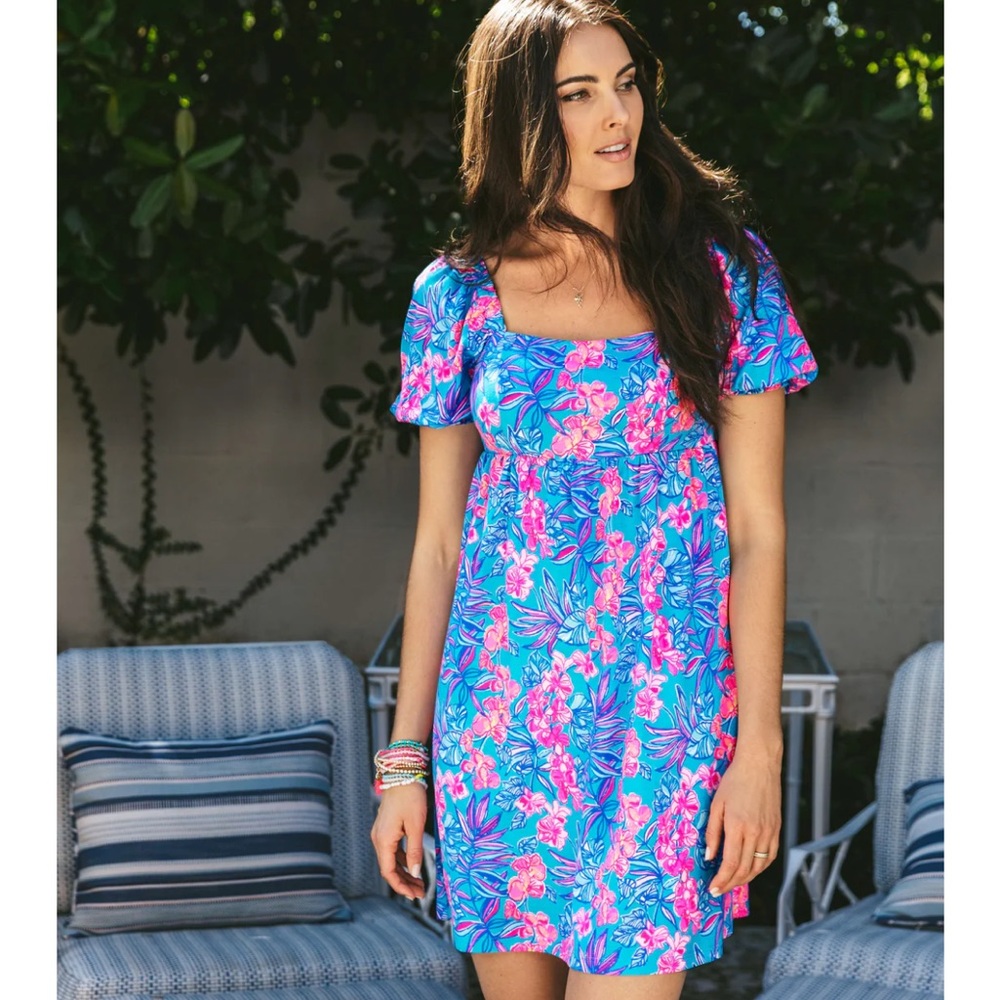 Lilly Pulitzer Delaney Short Sleeve Dress Cumulus Blue Orchid Oasis